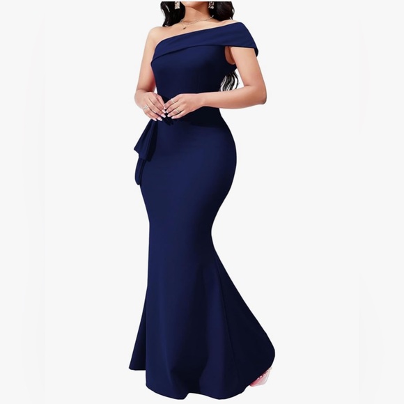 Cute Cherry women’s Navy Blue Off-Shoulder Evening Dress. - Picture 2 of 4